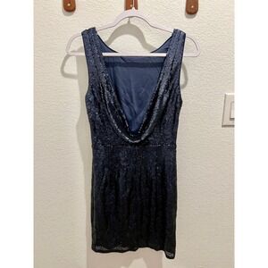 Lulus Shine Time Sequin Dress Medium Sleeveless Cowl Back Bodycon Prom Navy Blue